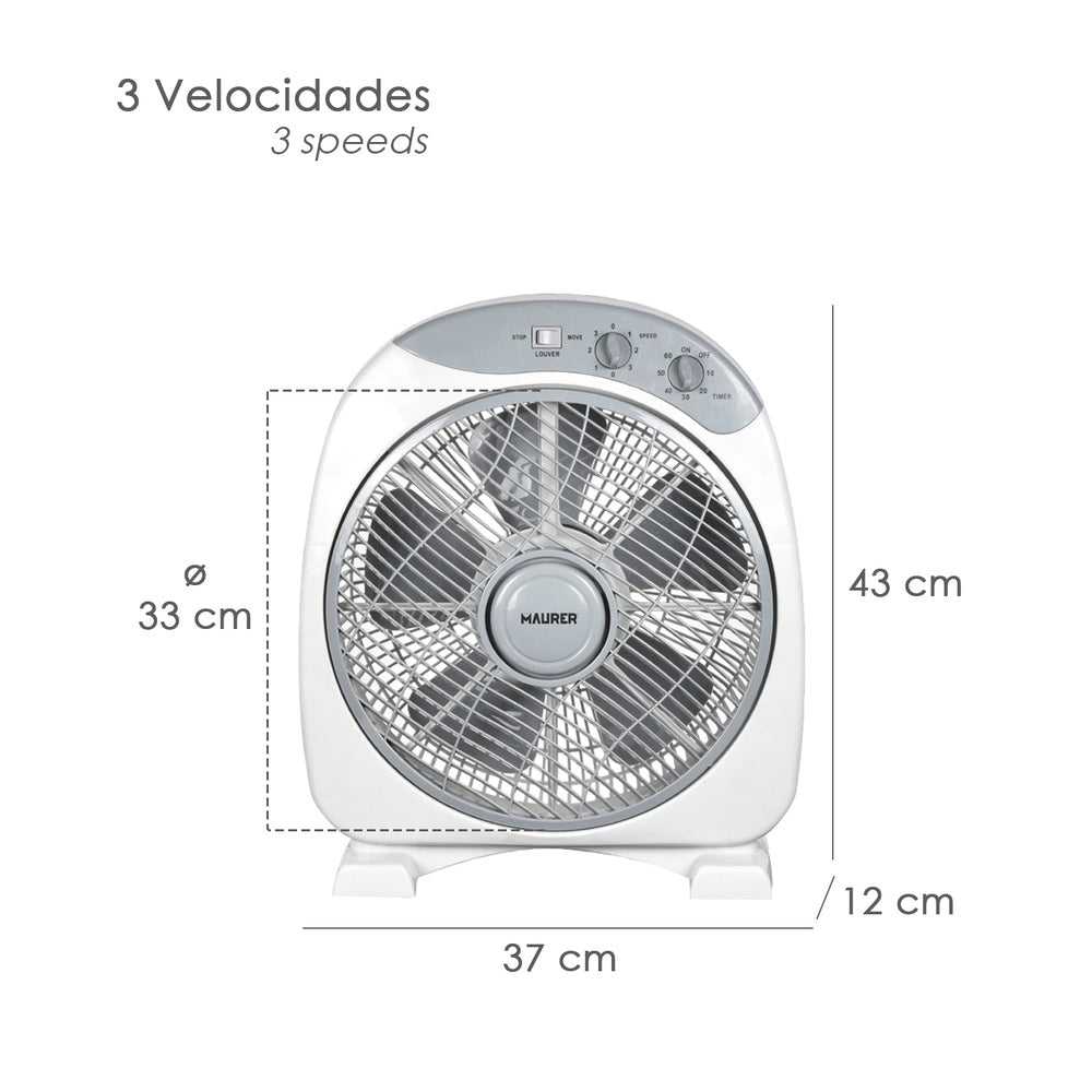 Maurer box fan ø 30cm 40 watt. 3 speeds, large blades, 3 with timer