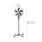Ventilador pie ø 40 x 135 cm 45 w. Oscilación automática, altura regulable, cabezal inclinable, base estable 60x60 cm