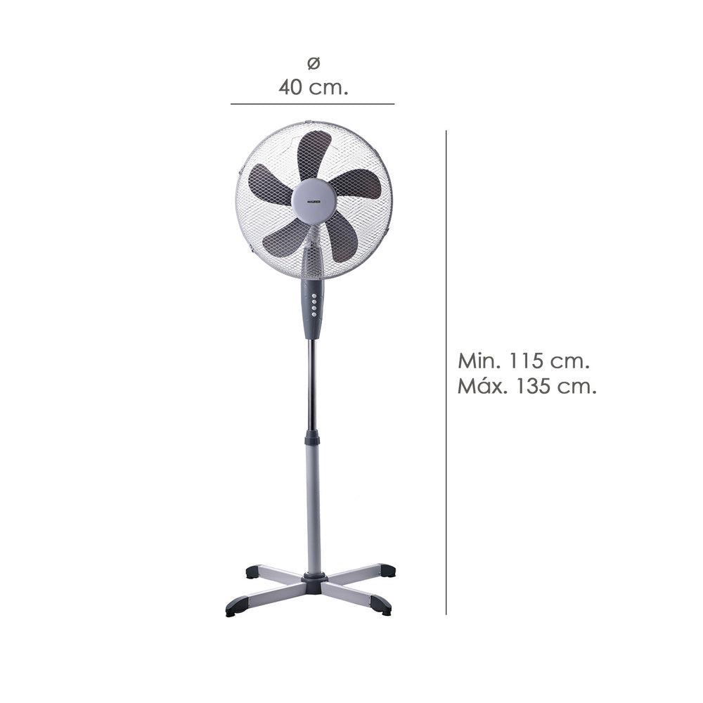 Pedestal fan ø 40 x 135 cm 45 W. Automatic oscillation, adjustable height, tiltable head, stable 60x60 cm base