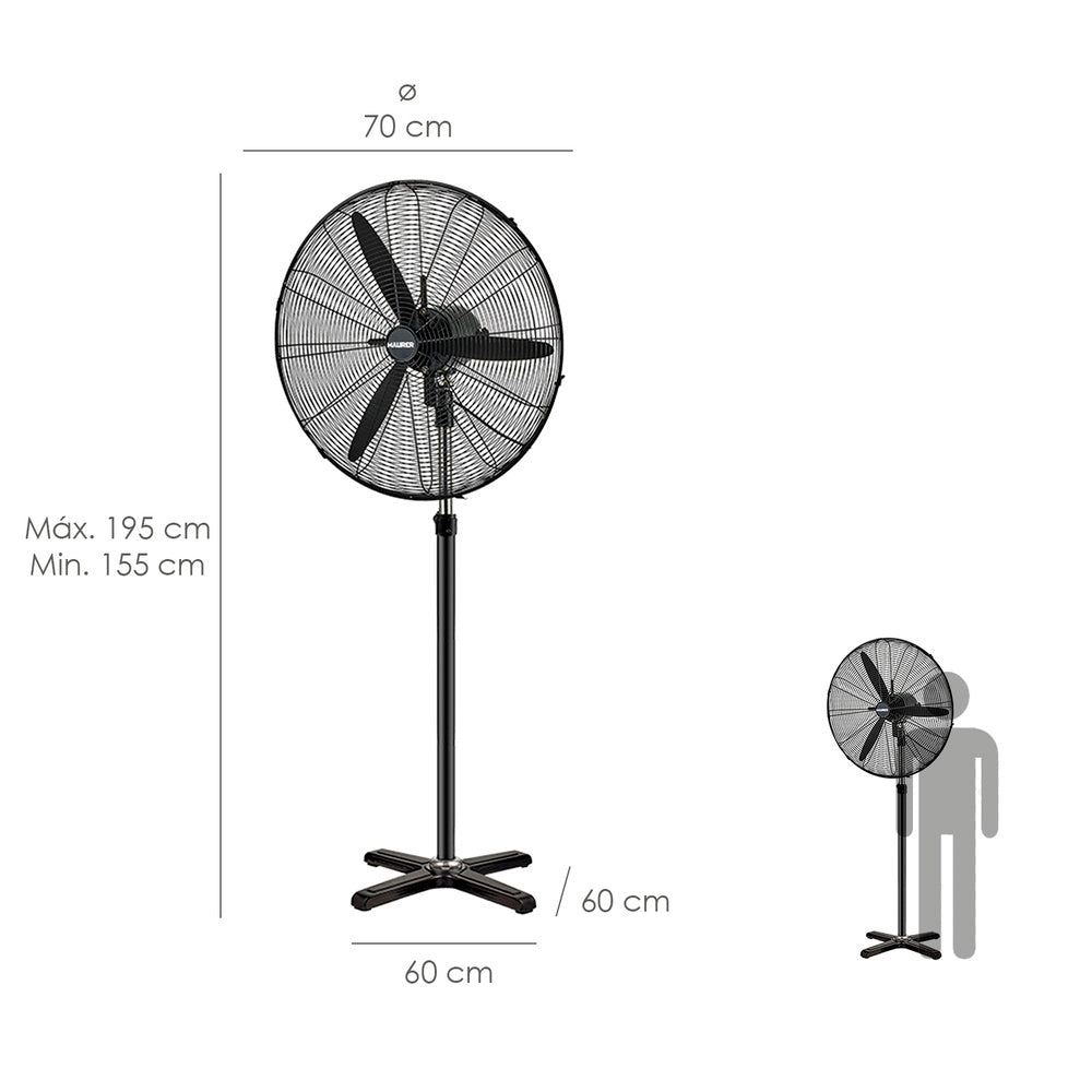 Pedestal fan ø 70 x 195 cm, black, 190 W. Automatic oscillation, adjustable height, tiltable head, stable base 60x60 cm