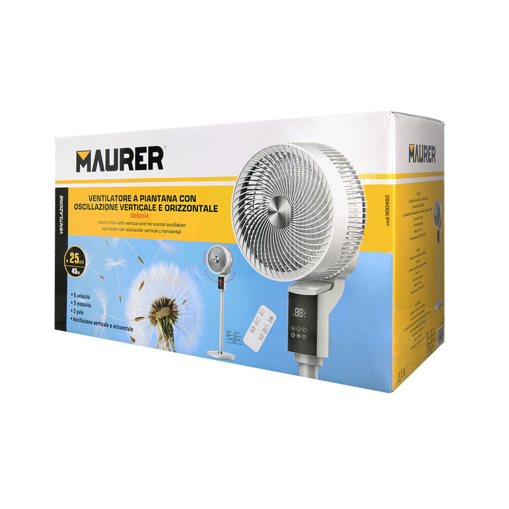 Ventilador pie 40 watt. 3 velocidades ø 25 cm. Con mando