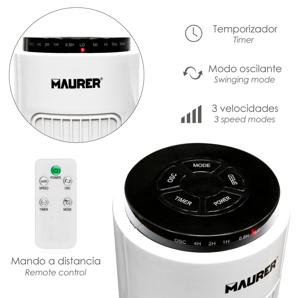 Maurer 73 cm tower fan, 3 speeds. Oscillating function. With timer and remote control.