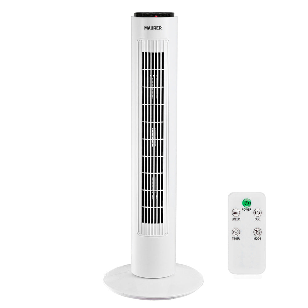 Maurer 73 cm tower fan, 3 speeds. Oscillating function. With timer and remote control.
