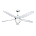 Ventilador de teto com 124 cm de diâmetro, 70 watts, com luz e comando à distância. 5 pás, 3 velocidades e temporizador.