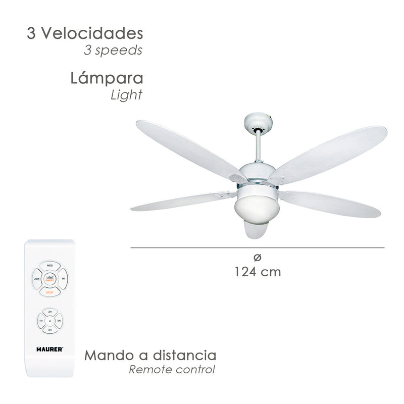 Ventilador techo ø 124 cm. 70 watt. con luz y mando a distancia 5 aspas y 3 velocidades. con temporizador
