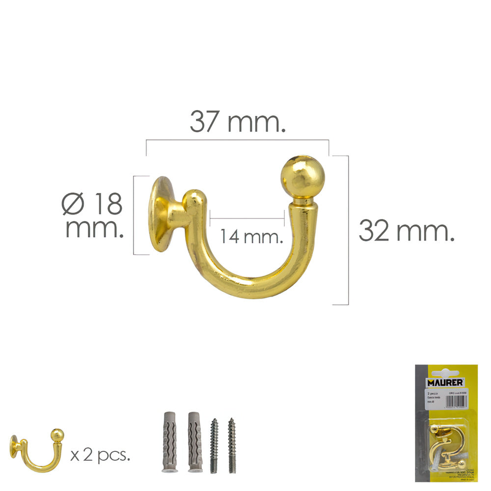 Screw-in brass-plated hook 37 mm with wall plugs and screws (blister 2 pieces)