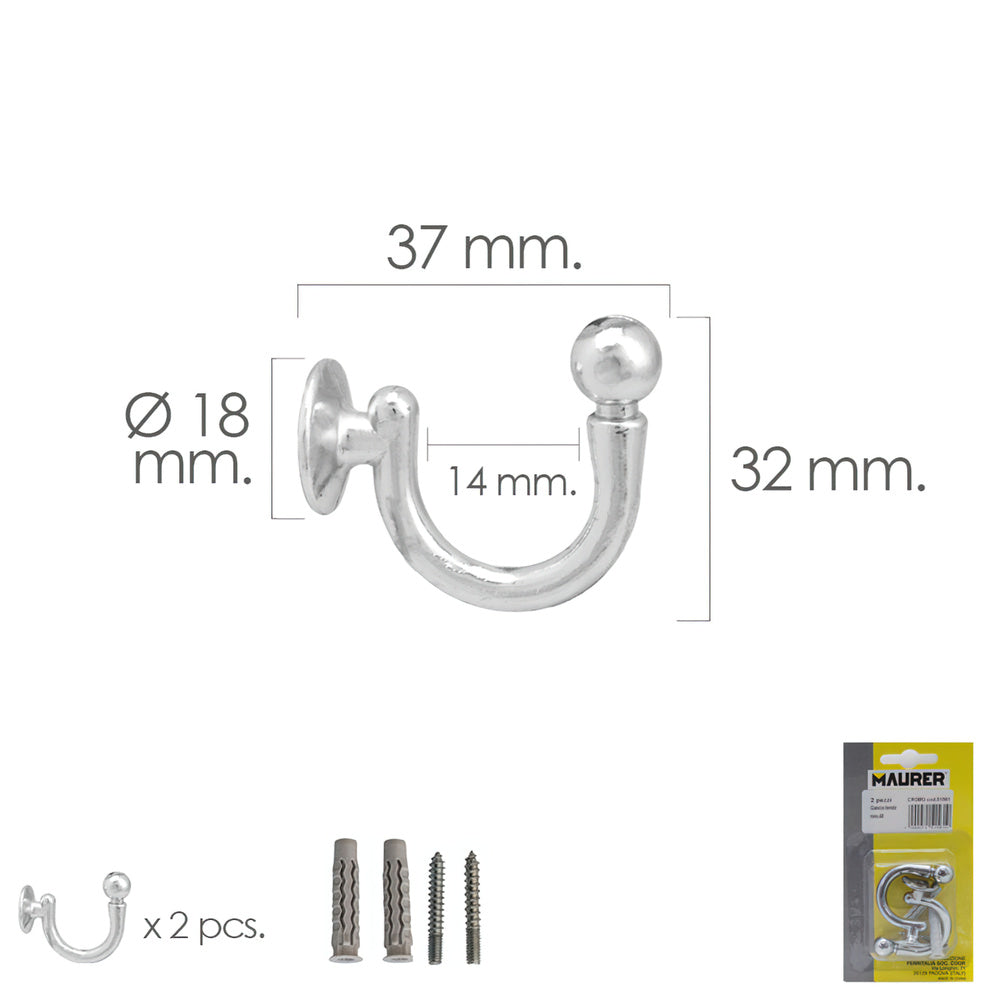 Screw-on chrome hook 37 mm with plugs and screws (blister 2 pieces)