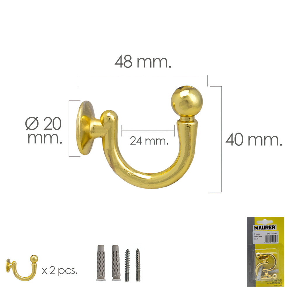 Screw-in brass-plated hook 48 mm with plugs and screws (blister 2 pieces)