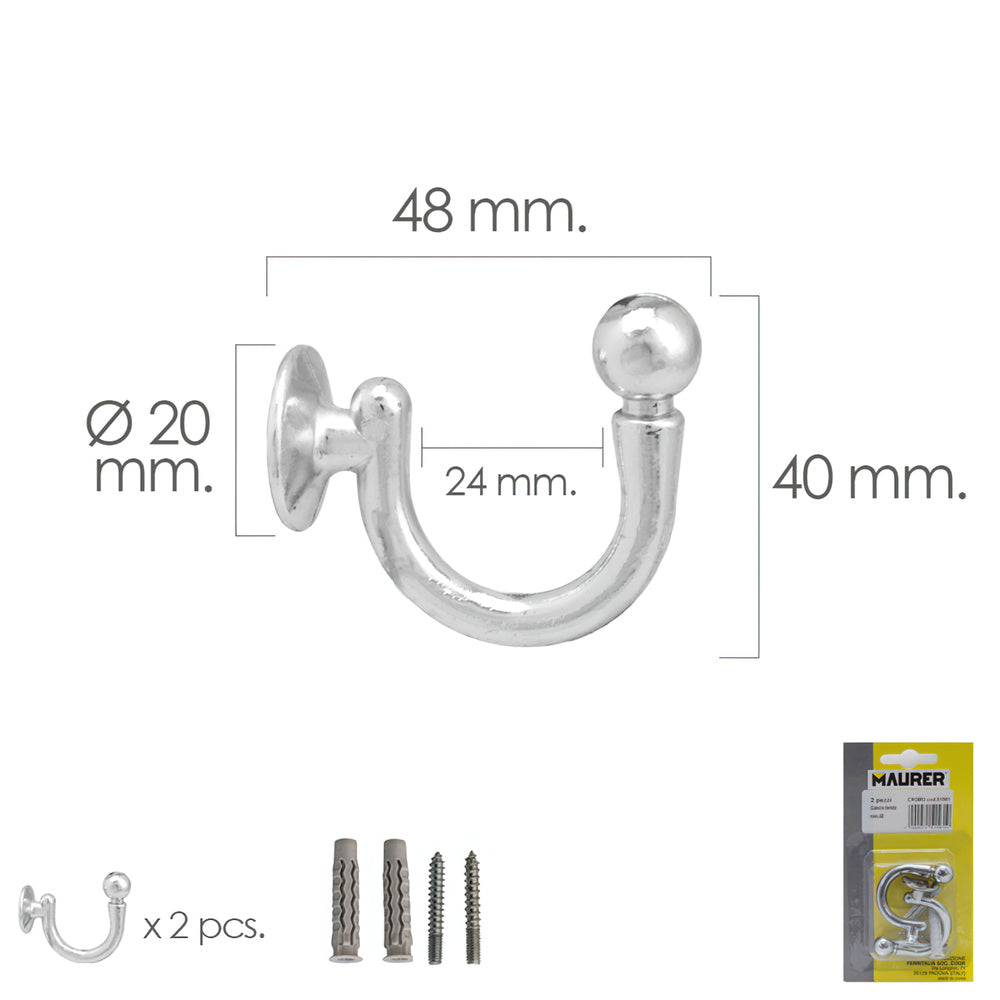 Screw-in chrome hook 48 mm with plugs and screws (blister 2 pieces)