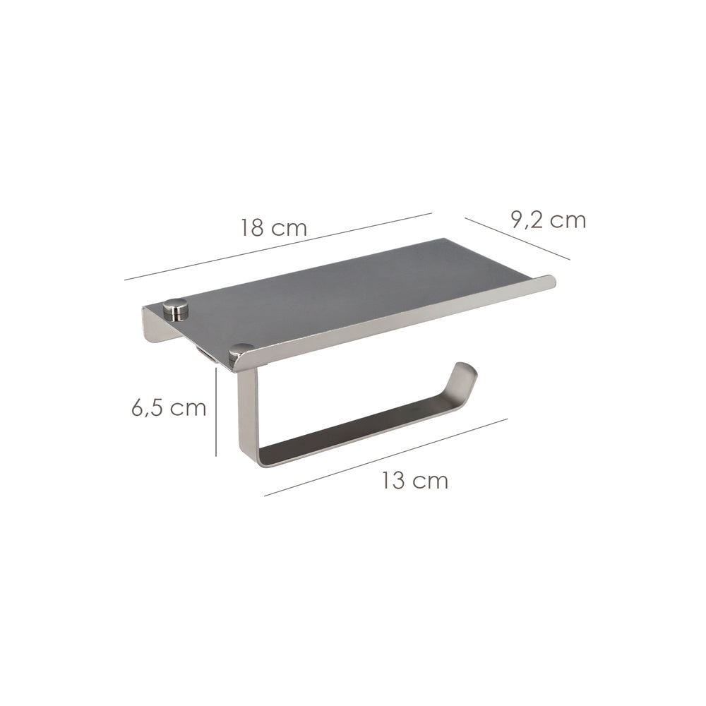 Suporte para papel higiénico com suporte autocolante para telemóvel, cor aço inoxidável com efeito espelhado, resistente à fixação por adesivo ou parafusos.