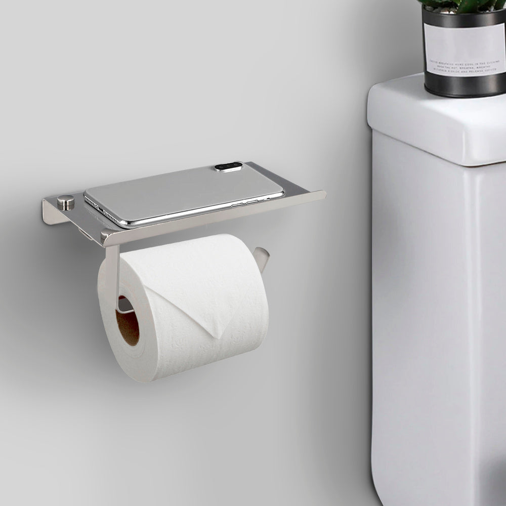 Suporte para papel higiénico com suporte autocolante para telemóvel, cor aço inoxidável com efeito espelhado, resistente à fixação por adesivo ou parafusos.