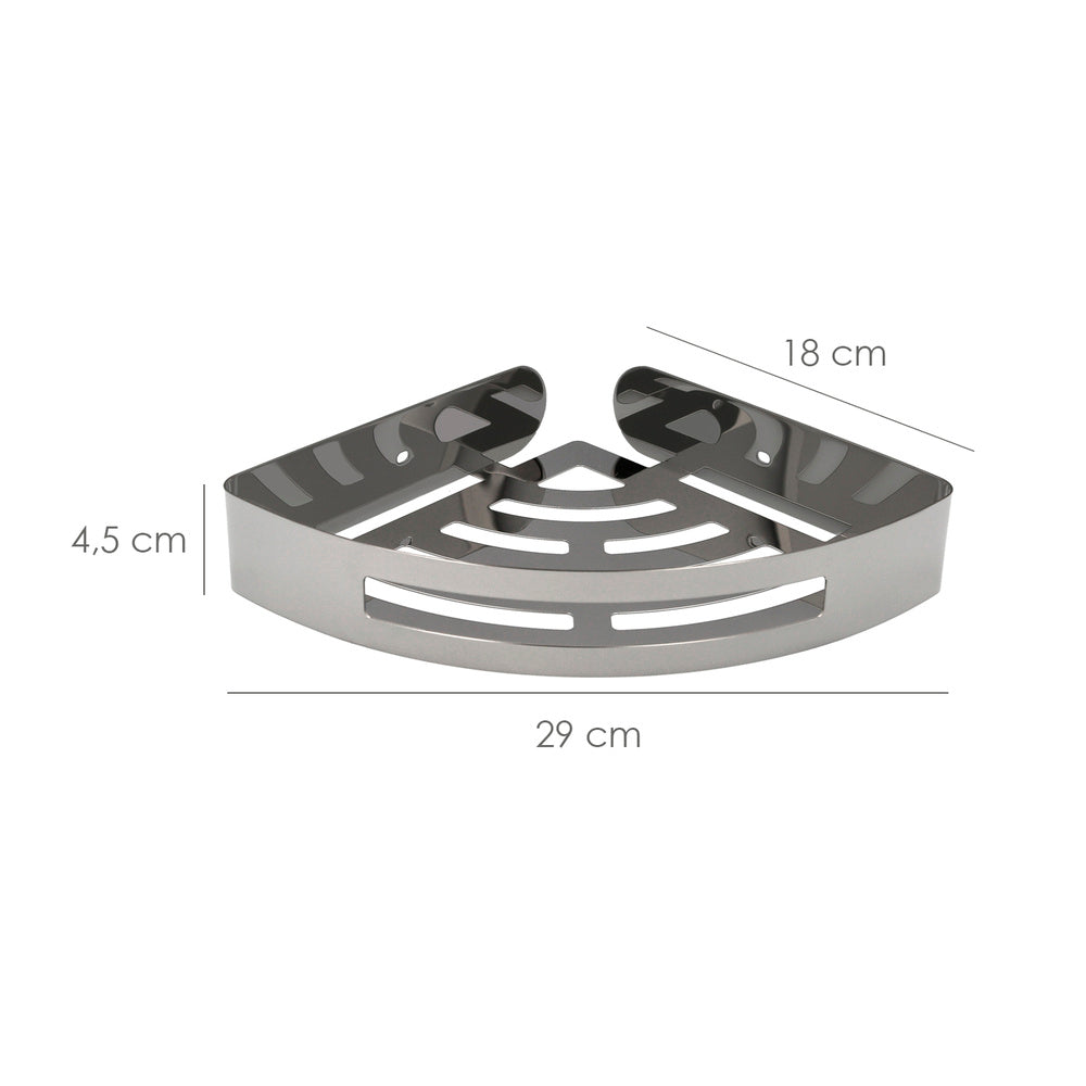 Cesto de canto autocolante para casa de banho, na cor aço inoxidável com efeito espelhado, resistente à autocolante ou com parafusos.
