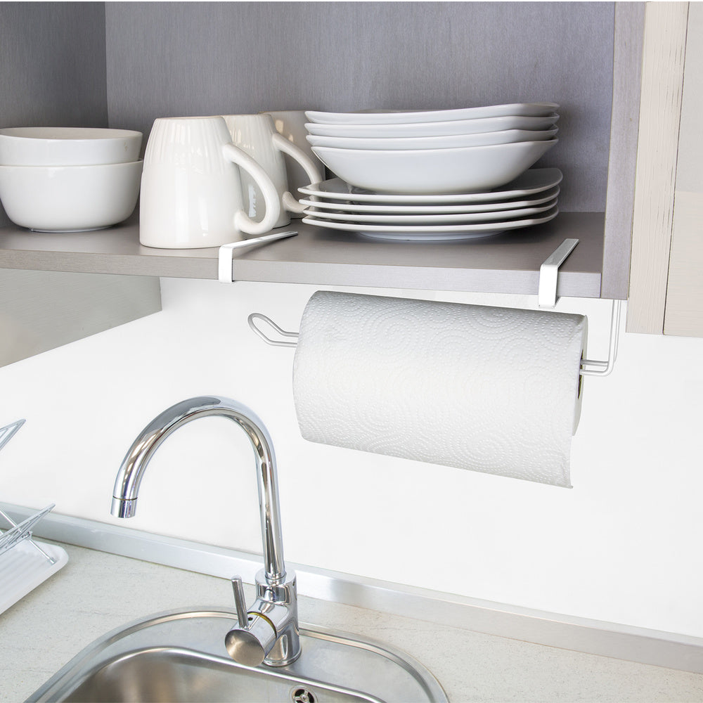 Colgador portarrollos papel cocina, acero para puertas, encimeras, muebles. 32,5x18x10 cm