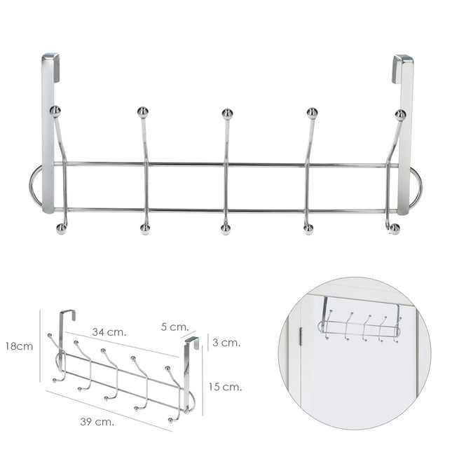 Perchero cromado colgante para puerta 5/10 ganchos. terminacion metalica