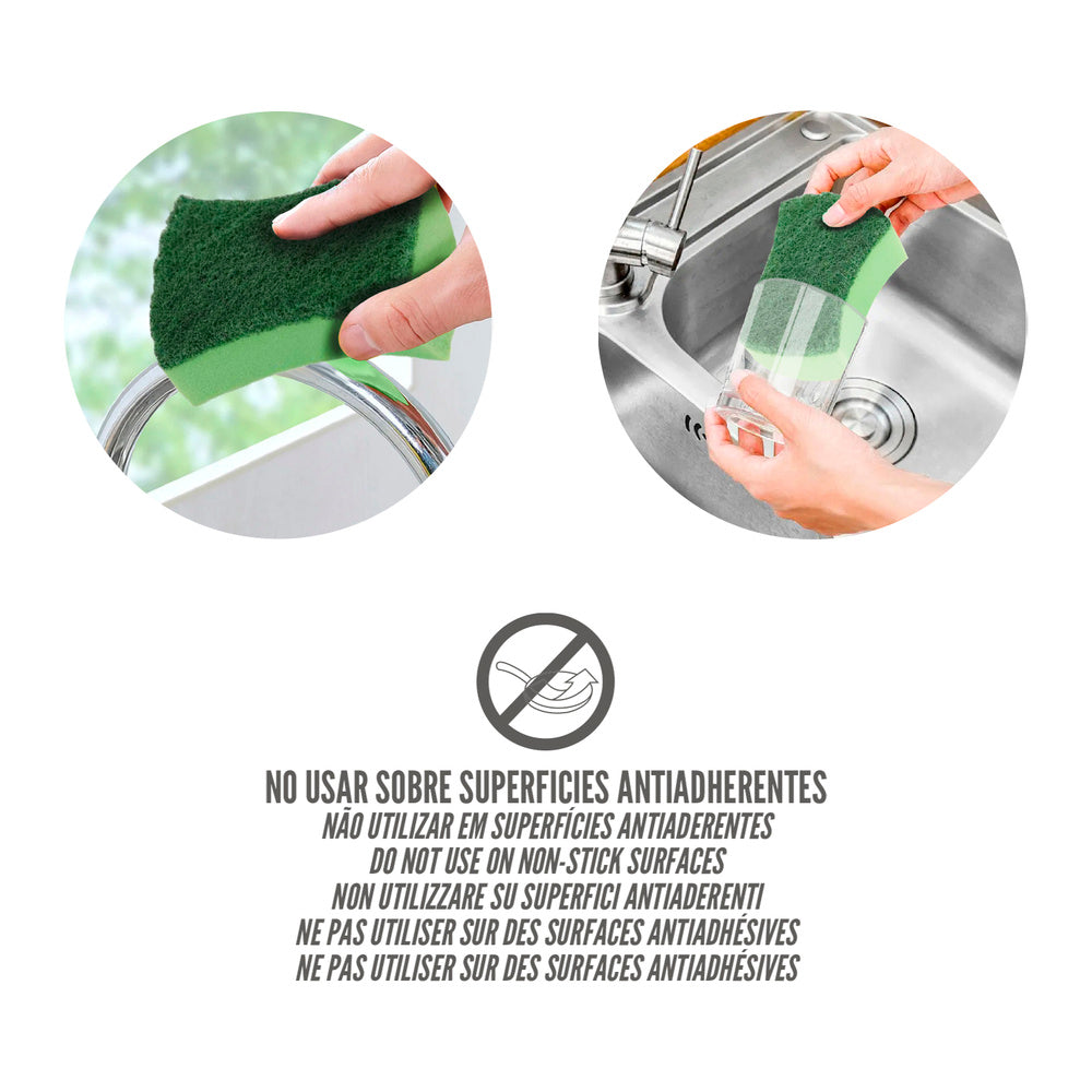 Esfregão verde com esponja. Embalagem de 3 unidades.