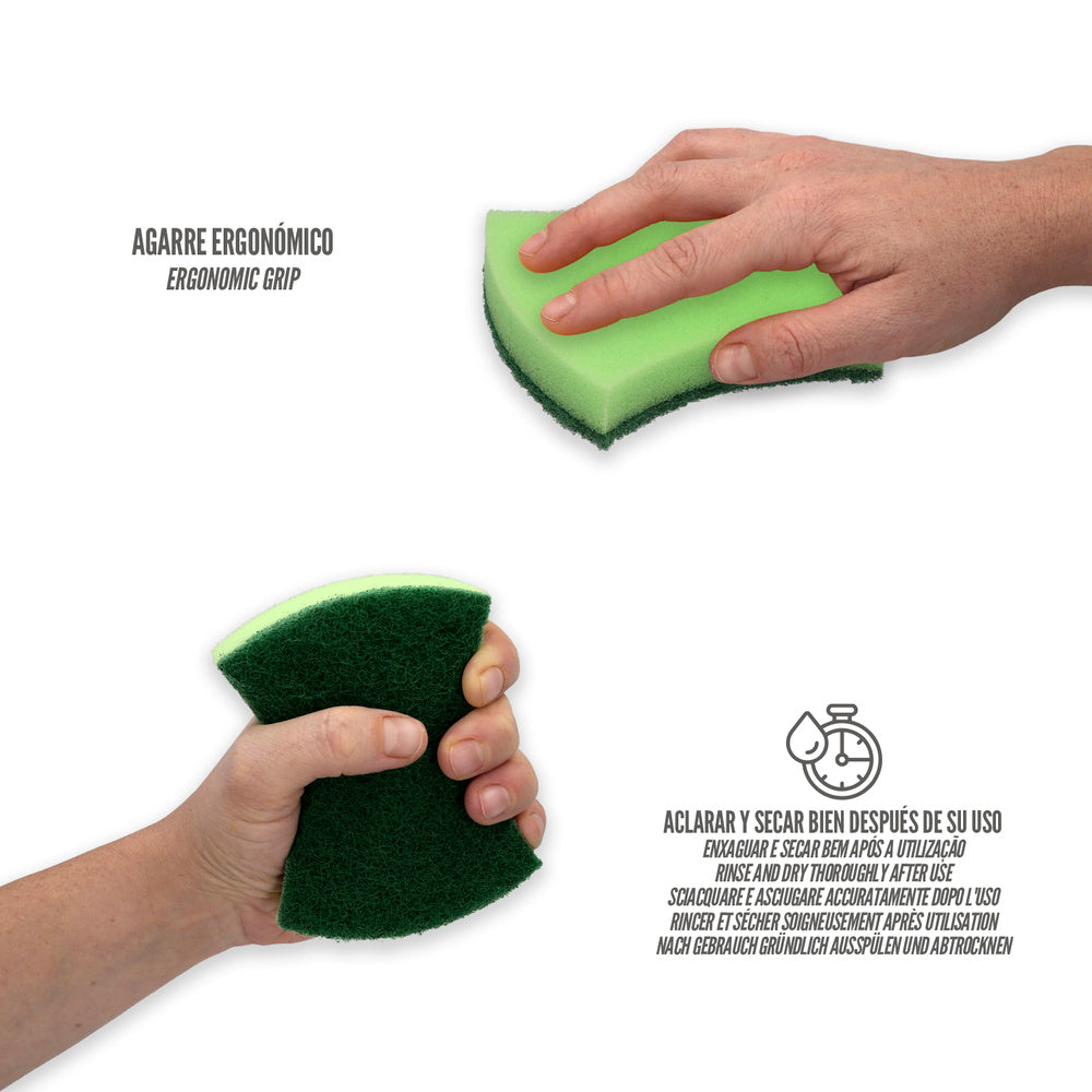 Green scourer with sponge. Pack of 3 units.