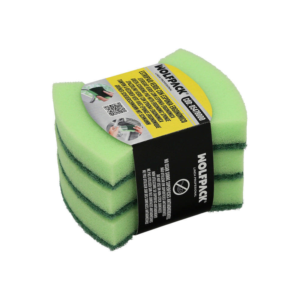 Esfregão verde com esponja. Embalagem de 3 unidades.