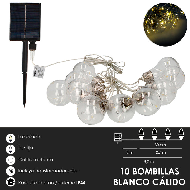 Guirnalda solar 10 bombillas / 50 micro leds luz calida. batería recargable uso en exteriores / interiores ip44