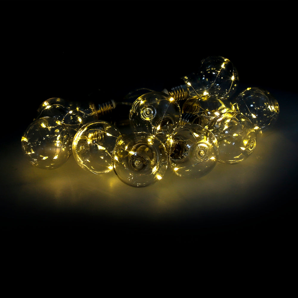 Solar string lights, 10 bulbs / 50 warm white micro LEDs. Rechargeable battery, IP44 outdoor/indoor use.