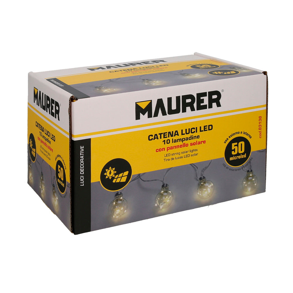 Solar string lights, 10 bulbs / 50 warm white micro LEDs. Rechargeable battery, IP44 outdoor/indoor use.