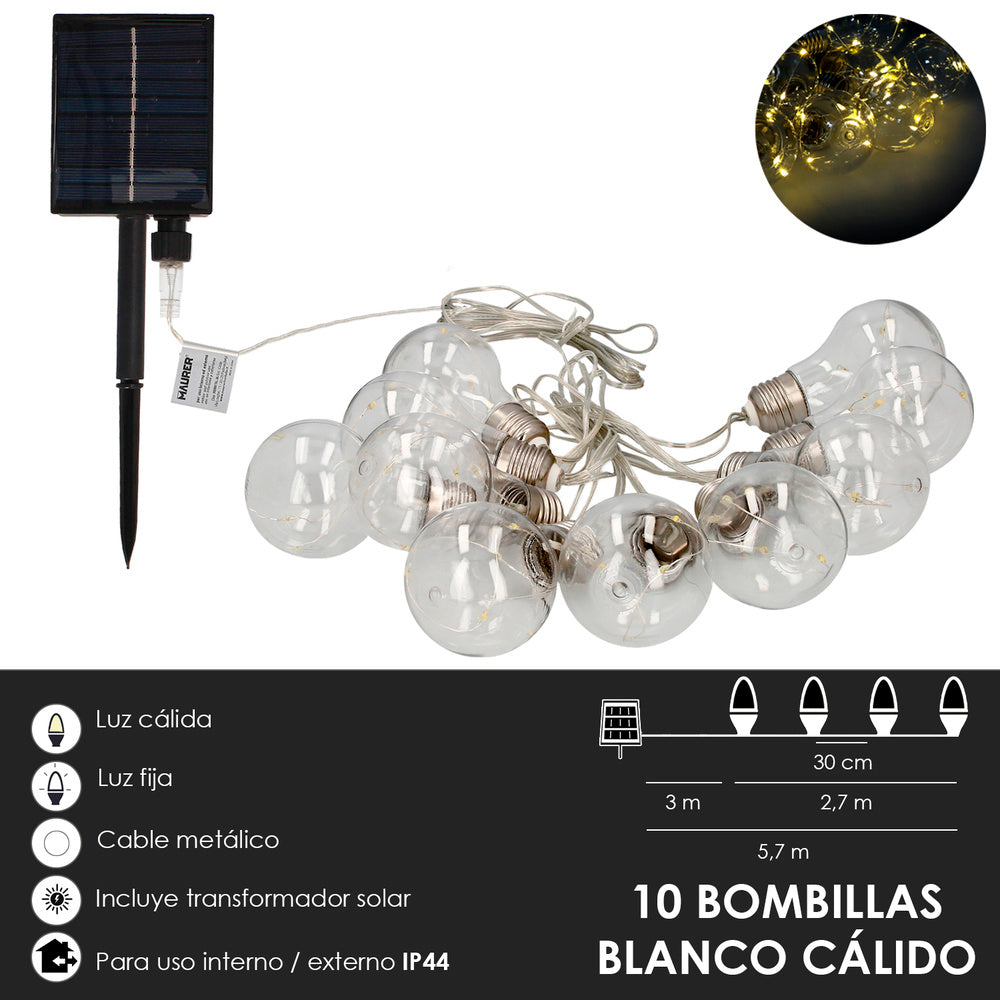 Solar string lights, 10 bulbs / 50 warm white micro LEDs. Rechargeable battery, IP44 outdoor/indoor use.