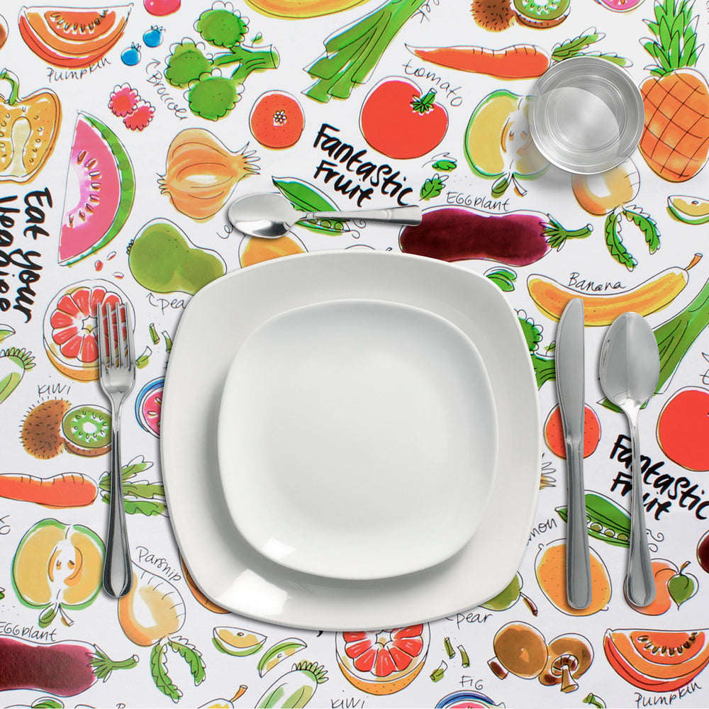 Fantasy fruit rectangular oilcloth. Waterproof, stain-resistant PVC 140 cm x 20 meters. Cuttable roll. Indoor and outdoor use.