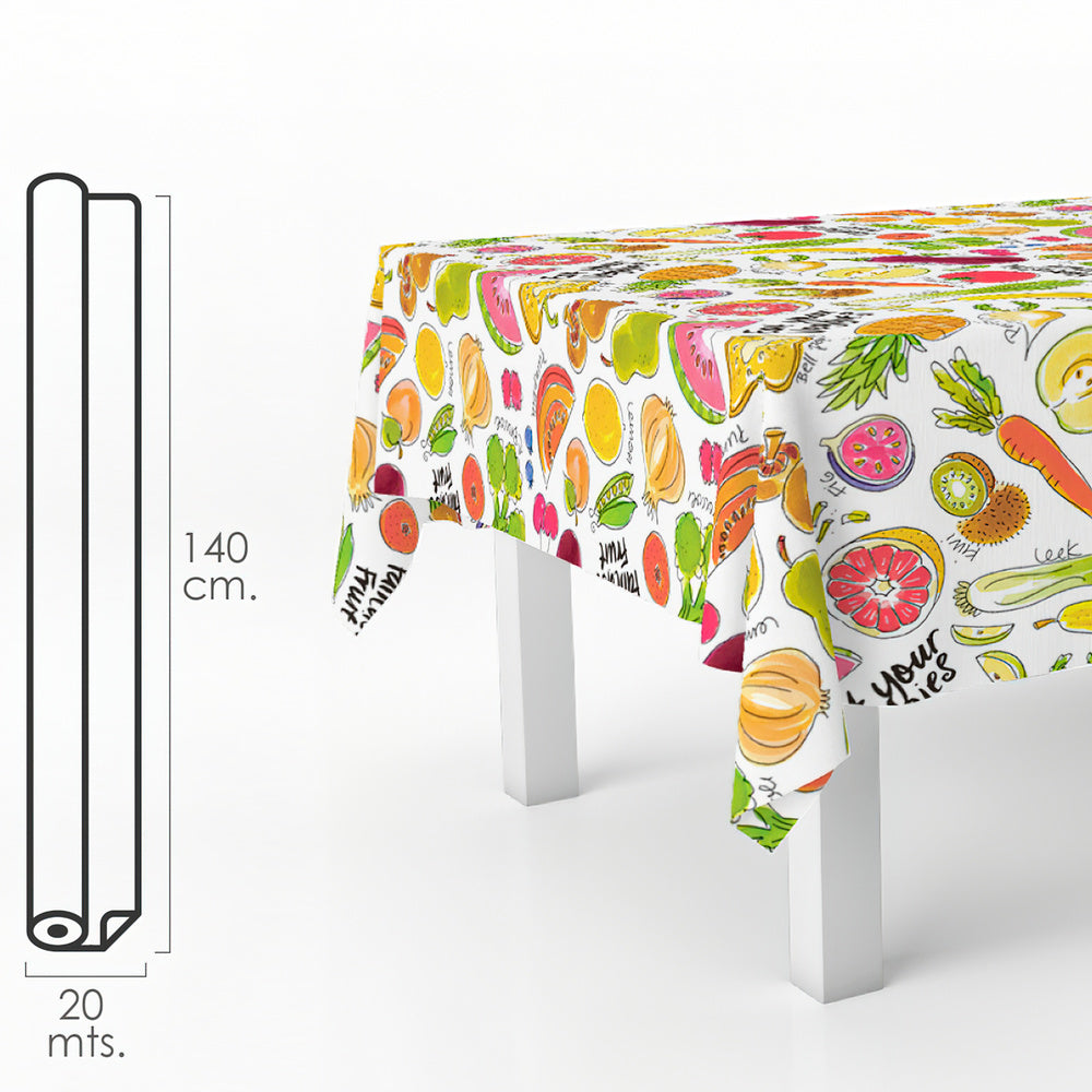 Fantasy fruit rectangular oilcloth. Waterproof, stain-resistant PVC 140 cm x 20 meters. Cuttable roll. Indoor and outdoor use.