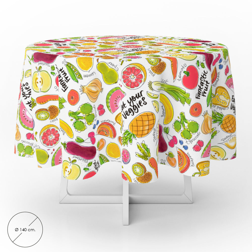 Round fantasy fruit PVC oilcloth tablecloth, waterproof, stain-resistant, Ø 140 cm, indoor and outdoor use