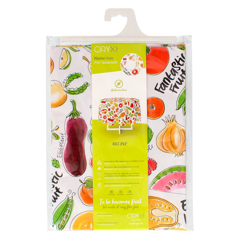 Mantel hule redondo frutas fantasia impermeable antimanchas PVC ø 140 cm. uso interior y exterior