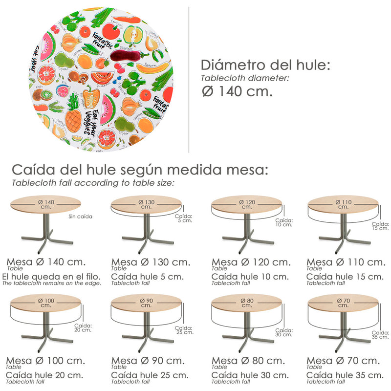 Mantel hule redondo frutas fantasia impermeable antimanchas PVC ø 140 cm. uso interior y exterior