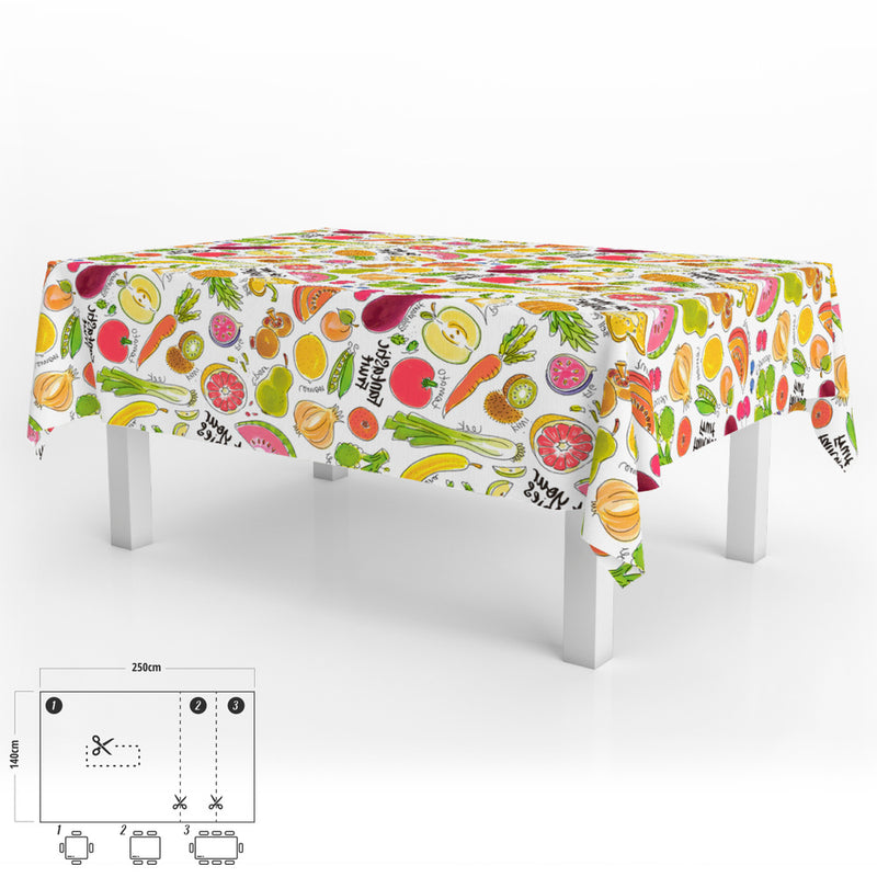 Mantel hule rectangular frutas fantasia impermeable antimanchas PVC 140x250 cm.  recortable uso interior y exterior