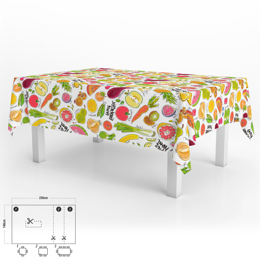 Fantasy fruit rectangular oilcloth tablecloth, waterproof, stain-resistant PVC, 140x250 cm, trimmable, for indoor and outdoor use