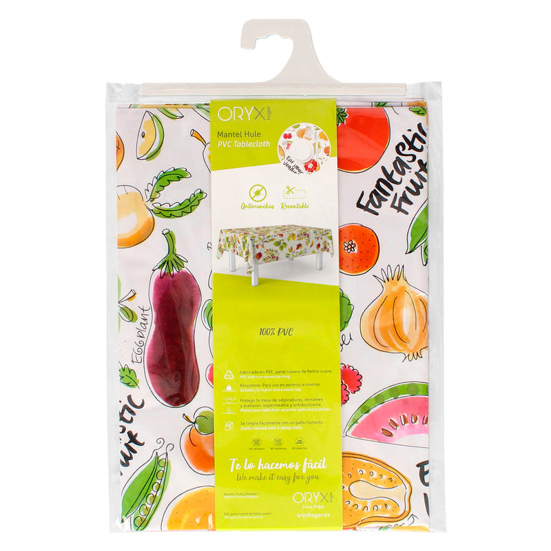 Mantel hule rectangular frutas fantasia impermeable antimanchas PVC 140x250 cm.  recortable uso interior y exterior