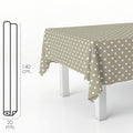 Beige polka dot rectangular oilcloth. Waterproof, stain-resistant PVC 140 cm x 20 meters. Cuttable roll. Indoor and outdoor use.