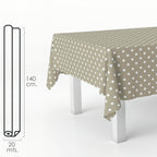 Beige polka dot rectangular oilcloth. Waterproof, stain-resistant PVC 140 cm x 20 meters. Cuttable roll. Indoor and outdoor use.