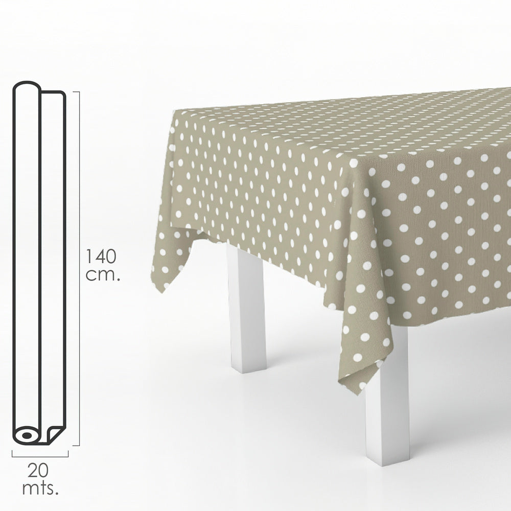 Beige polka dot rectangular oilcloth. Waterproof, stain-resistant PVC 140 cm x 20 meters. Cuttable roll. Indoor and outdoor use.