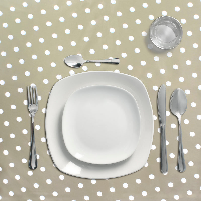 Mantel hule redondo topos beige impermeable antimanchas PVC ø140 cm. uso interior y exterior