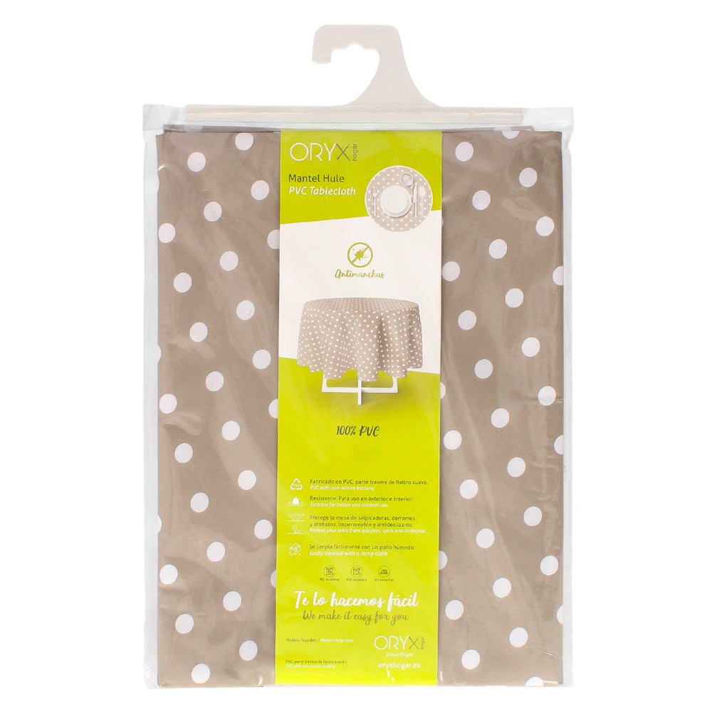 Round beige polka dot oilcloth tablecloth waterproof stain-resistant PVC ø140 cm indoor and outdoor use