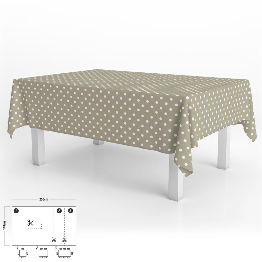 Rectangular beige polka dot oilcloth tablecloth, waterproof, stain-resistant PVC, 140x250 cm, trimmable, for indoor and outdoor use