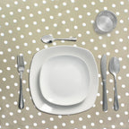Rectangular beige polka dot oilcloth tablecloth, waterproof, stain-resistant PVC, 140x250 cm, trimmable, for indoor and outdoor use