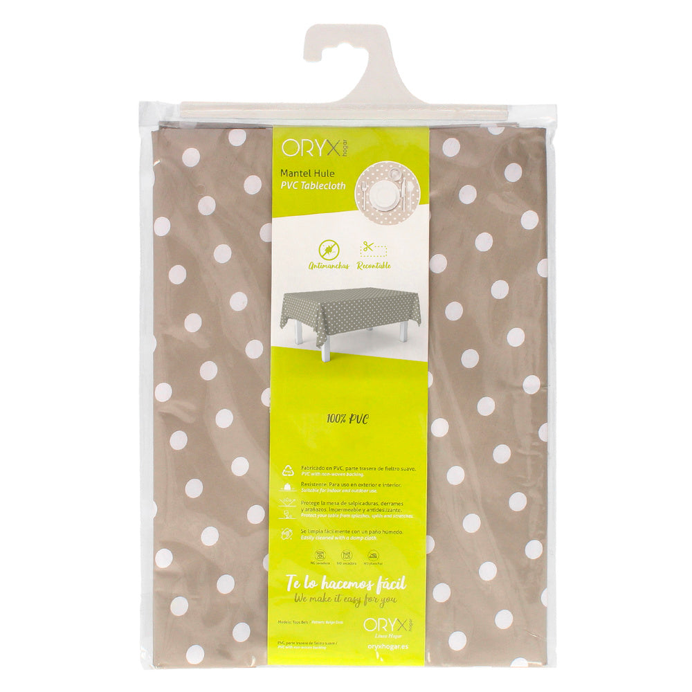 Rectangular beige polka dot oilcloth tablecloth, waterproof, stain-resistant PVC, 140x250 cm, trimmable, for indoor and outdoor use