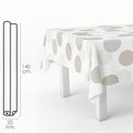 Beige circles rectangular oilcloth. Waterproof, stain-resistant PVC 140 cm x 20 meters. Cuttable roll. Indoor and outdoor use.