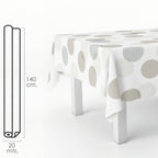 Beige circles rectangular oilcloth. Waterproof, stain-resistant PVC 140 cm x 20 meters. Cuttable roll. Indoor and outdoor use.