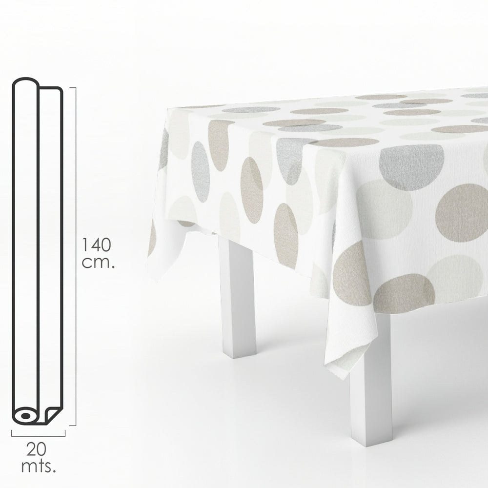 Beige circles rectangular oilcloth. Waterproof, stain-resistant PVC 140 cm x 20 meters. Cuttable roll. Indoor and outdoor use.