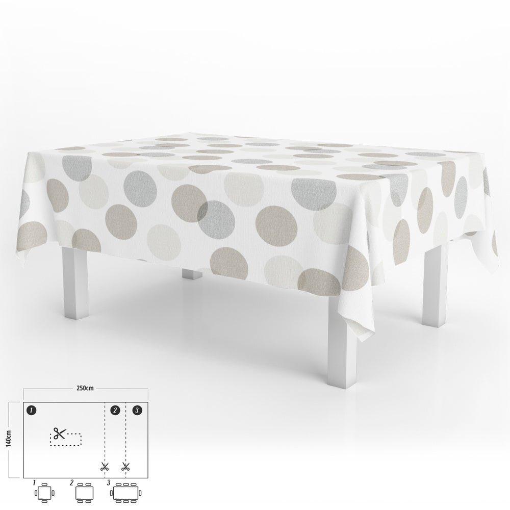 Rectangular oilcloth tablecloth, beige circles, waterproof, stain-resistant PVC, 140x250 cm, trimmable, indoor and outdoor use