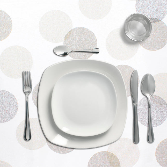 Mantel hule rectangular circulos beige impermeable antimanchas PVC 140x250 cm.  recortable uso interior y exterior