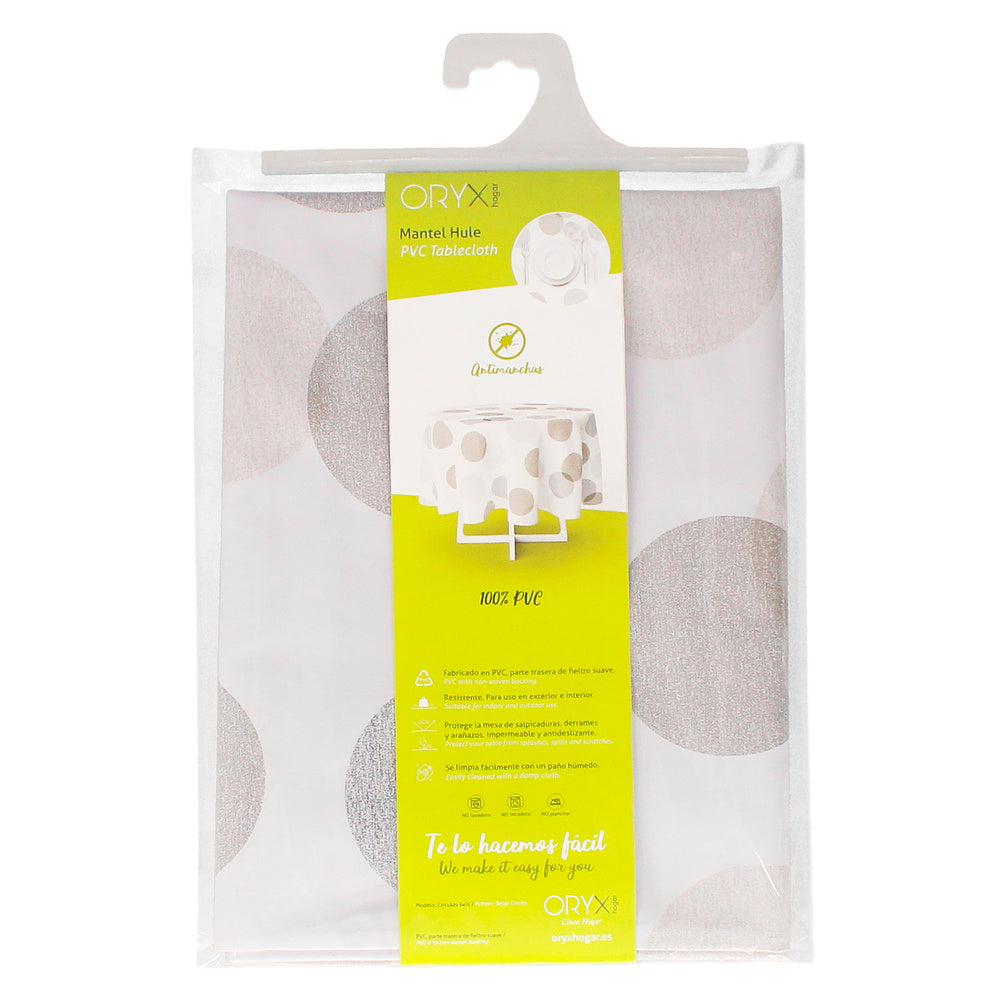 Rectangular oilcloth tablecloth, beige circles, waterproof, stain-resistant PVC, 140x250 cm, trimmable, indoor and outdoor use