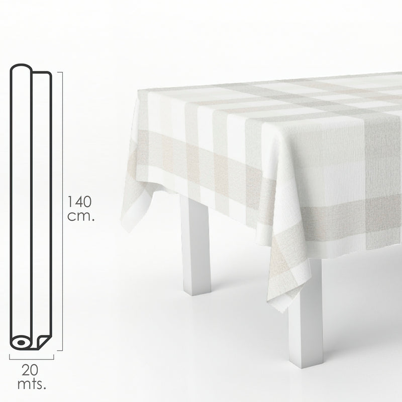 Mantel hule rectangular cuadros beis. impermeable antimanchas PVC 140 cm. x 20 metros. rollo recortable. interior y exterior