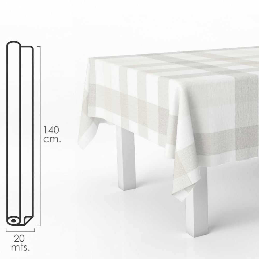 Beige checkered rectangular oilcloth tablecloth. Waterproof stain-resistant PVC 140 cm x 20 meters. Cuttable roll. Indoor and outdoor