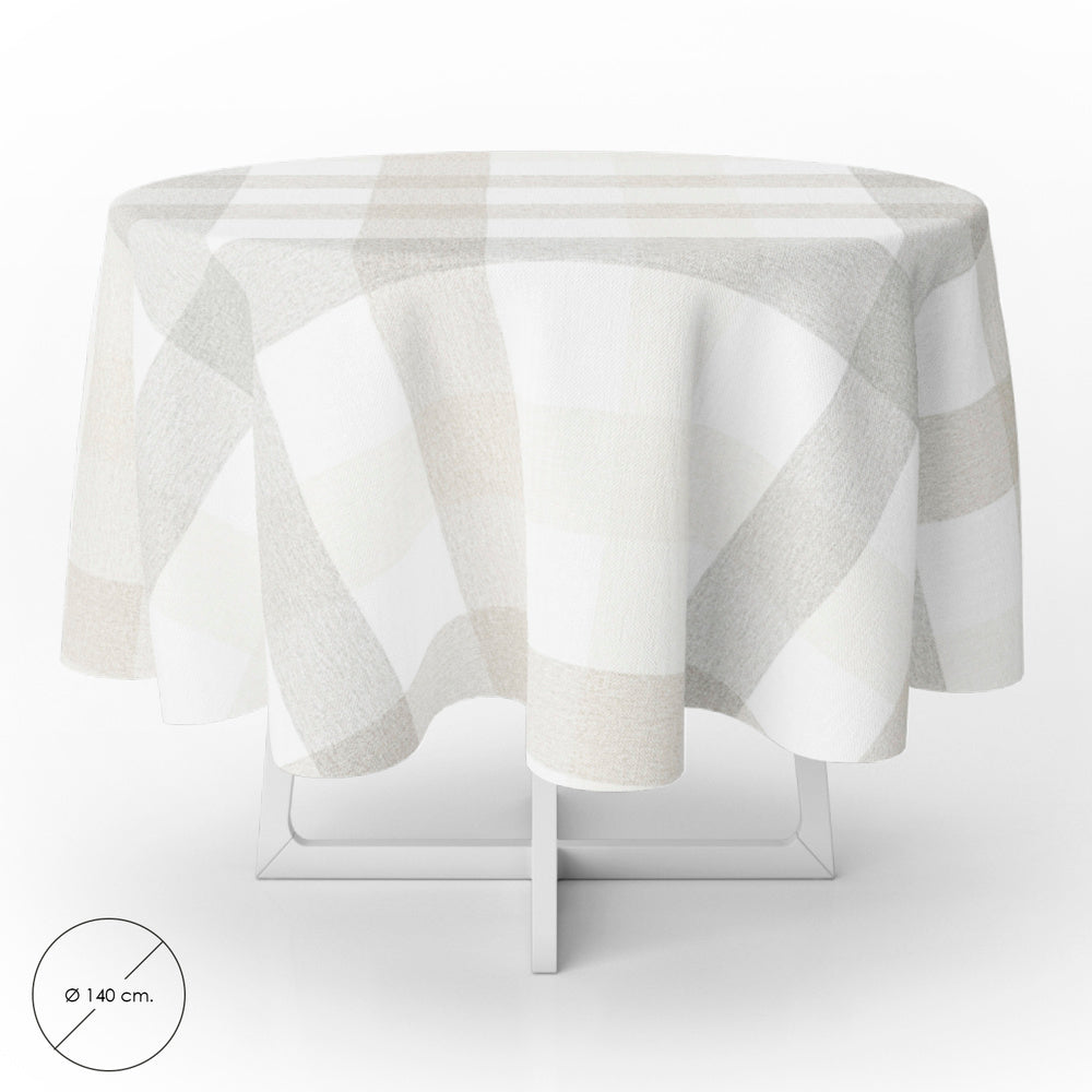 Round beige checkered PVC oilcloth tablecloth, waterproof and stain-resistant, Ø 140 cm, for indoor and outdoor use